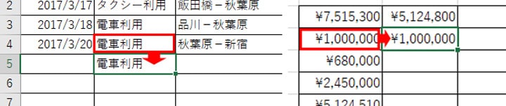 左がCtrl+D、右がCtrl+Rの動作。書式も含めてコピーされる