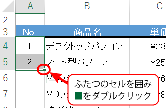 サンプル表のNo（A列）に、1、2，3といった番号をふる場合の手順